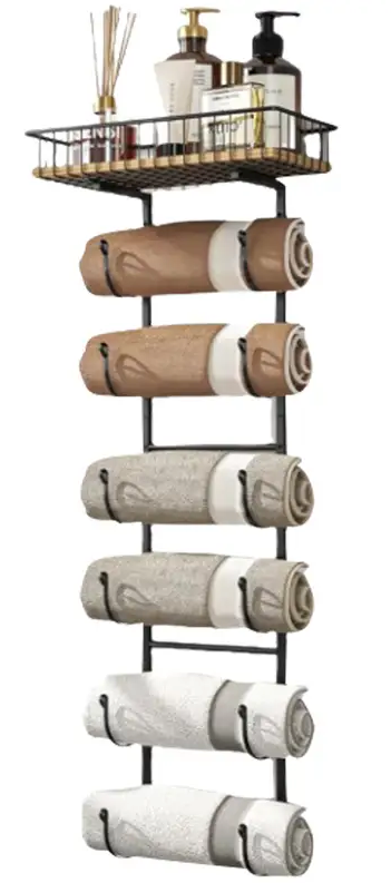 Simple Trending 6 Tier Wall Mount Towel Rack，Black - Space-Saving Durable Bathroom Organizer for Towels & Shower Caddy with Rustproof Installation, Towel Racks For Bathroom, Bathroom Towel Holder, Hanging Towel Rack For Bathroom