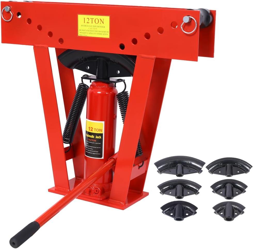 12 Ton Hydraulic Pipe Bender, Steel Exhaust Pipe Bender with 6 Precision Dies (1/2"-2"), Adjustable Rollers, 90°-180° Bending, Manual Tubing Bender for Steel, Copper, Metal Pipes (12 TON,Red)