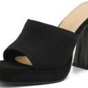 Women's Knit Platform Mule Sandals, Square Toe, Block Heel Slip-On Slides, Chunky High Heel Summer Shoes (8.5, Black)