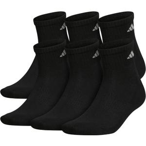 adidas Men's Socks, Athletic Cushioned Quarter 6-Pack, Ankle Fit with Arch Support (Black/Aluminum 2)