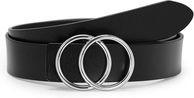 SUOSDEY Women Leather Belt Fashion Double O-Ring Soft Faux Leather Waist Belts For Jeans Dress D-black/Silver Removable Buckle Size: M: 29''-34''
