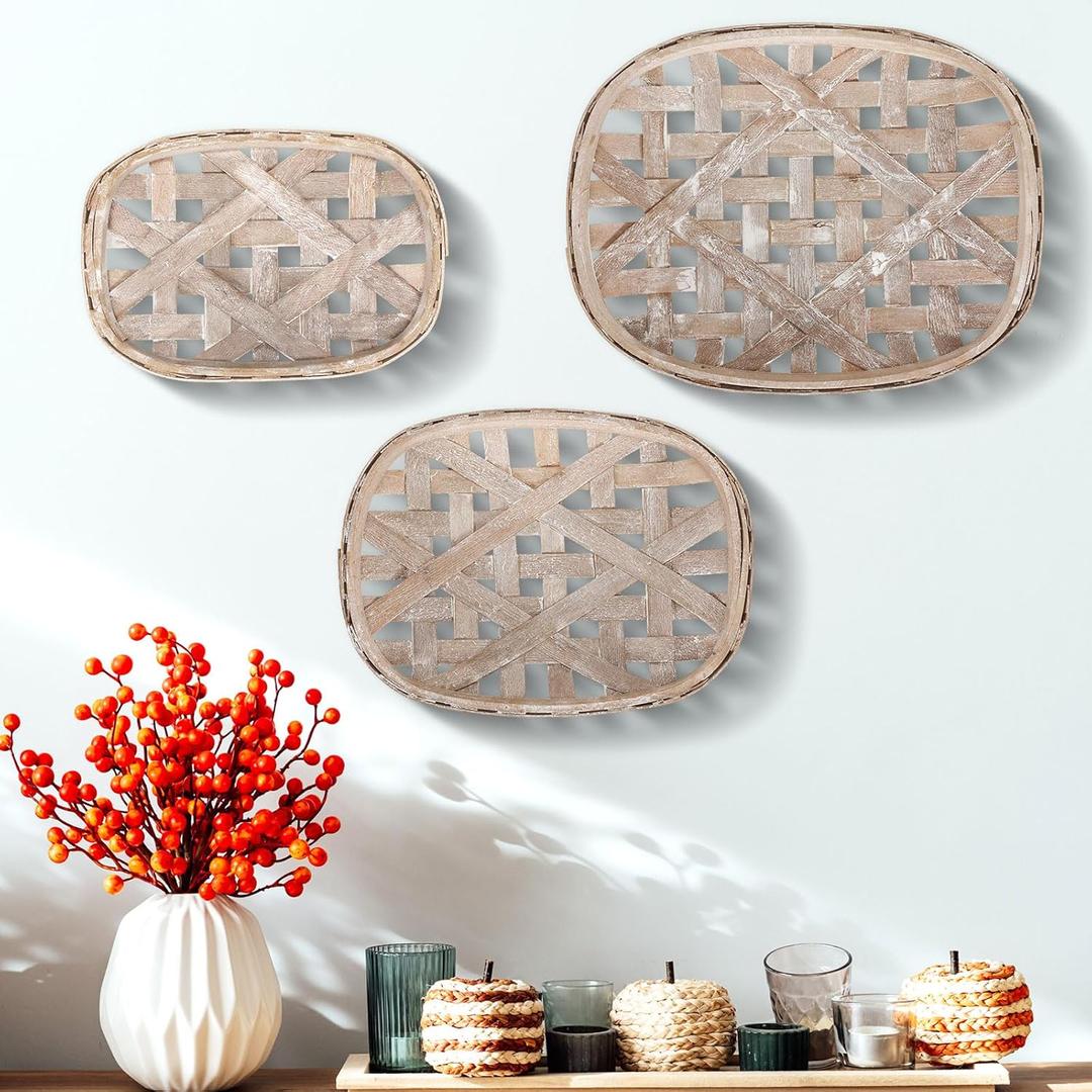 Maxcheck 3 Pcs Rustic Tobacco Baskets Decoration Vintage Woven Wooden Nesting Trays Decorative for Home Rustic Kitchen (18.9 x 12.6'', 15 x 11'', 12.6 x 8.7'')