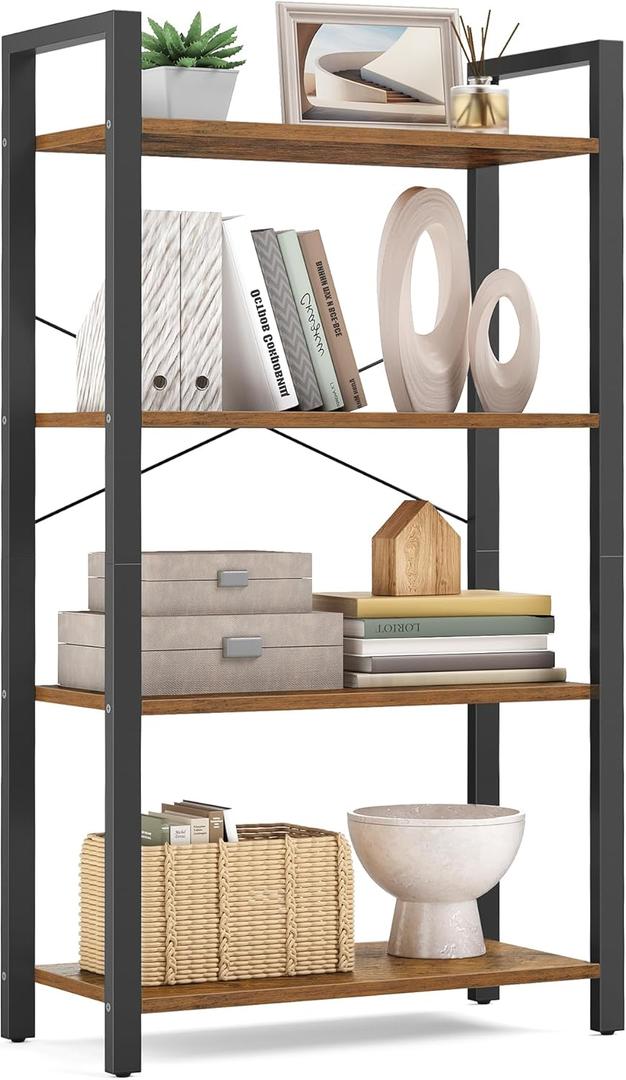 VASAGLE 4-Tier Bookshelf, Bookcase with Steel Frame, Book Shelf for Living Room, Home Office, Study, 11.8 x 26 x 47 Inches, Industrial Style, Rustic Brown and Ink Black ULLS60BX