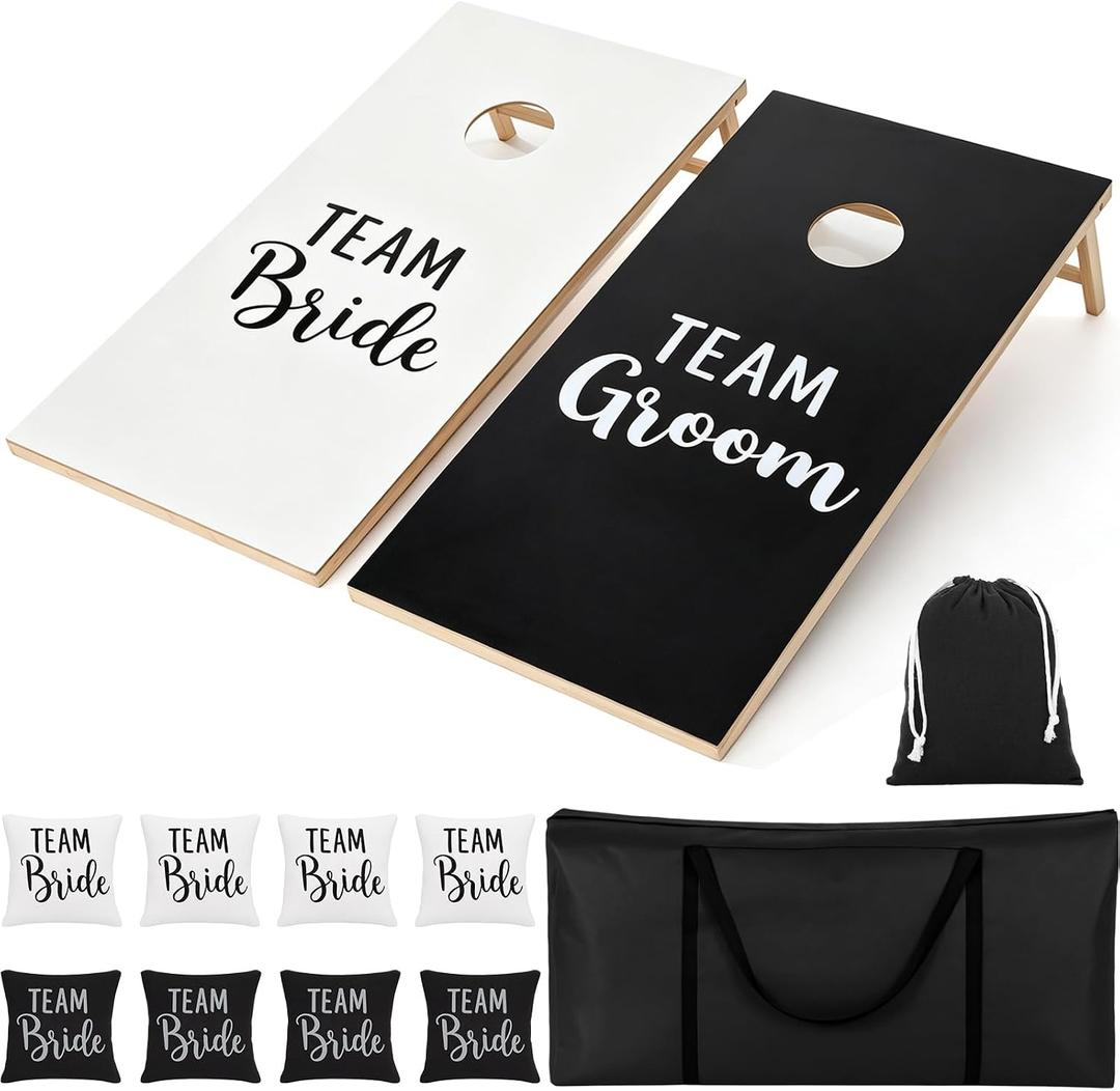 Soulchen Wedding Cornhole Boards Set with 8 Bean Bags,Balck White
4x2 ft Regulation Solid Wood, Team Bride Vs Groom Design, Portable Case, Yard Party Toss for Adults, Indoor Outdoor