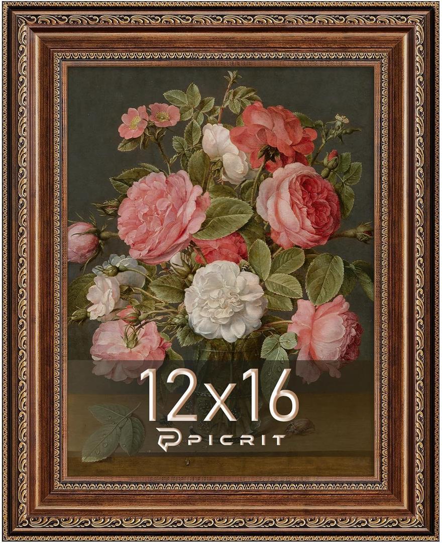 12x16 Antique Gold Bronze Picture Frame, Shatterproof Cover, 1 Pack