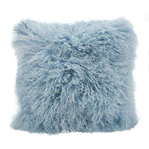 SARO LIFESTYLE 100% Wool Mongolian Lamb Fur Throw Pillow with Poly Filling, 20", Ice Blue