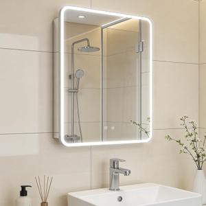 WallBeyond 22 x 28 LED Bathroom Medicine Cabinet, Rounded Corner Aluminum Frame Lighted Mirror Cabinet with 3-Color Dimmable Lighting, Memory & Anti-Fog, Recessed or Surface Mount Installation