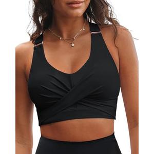 GRAPENT Bikini Tops for Women Twist Front Ruched Bathing Suit Adjustable Crisscross Back Cropped Tankini Swim Top Only M Black