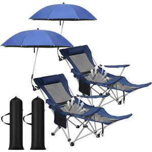 Colingmill 2 Pack Reclining Camping Chairs with 2 Umbrellas, Folding Beach Chairs with Footrest, Headrest, Cup Holder, 4-Position Adjustable Backrest Lounger for Lawn Outdoor, Picnic(Dark Blue)