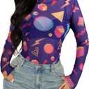 80s 90s Mesh Long Sleeve Shirt Women 90s 80s Themed Party Outfits Retro Sexy Neon Disco See Through Mock Neck Tops (XL)