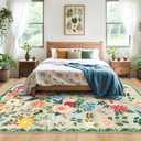 PLHXFR 8x10 Area Rug Living Room: Floral Washable Boho Soft Carpet Green | For Bedroom Dining Room Farmhouse Nursery Hallway,Vintage Floral,Machine washable,Non Slip,Stain Resistant,Large Indoor