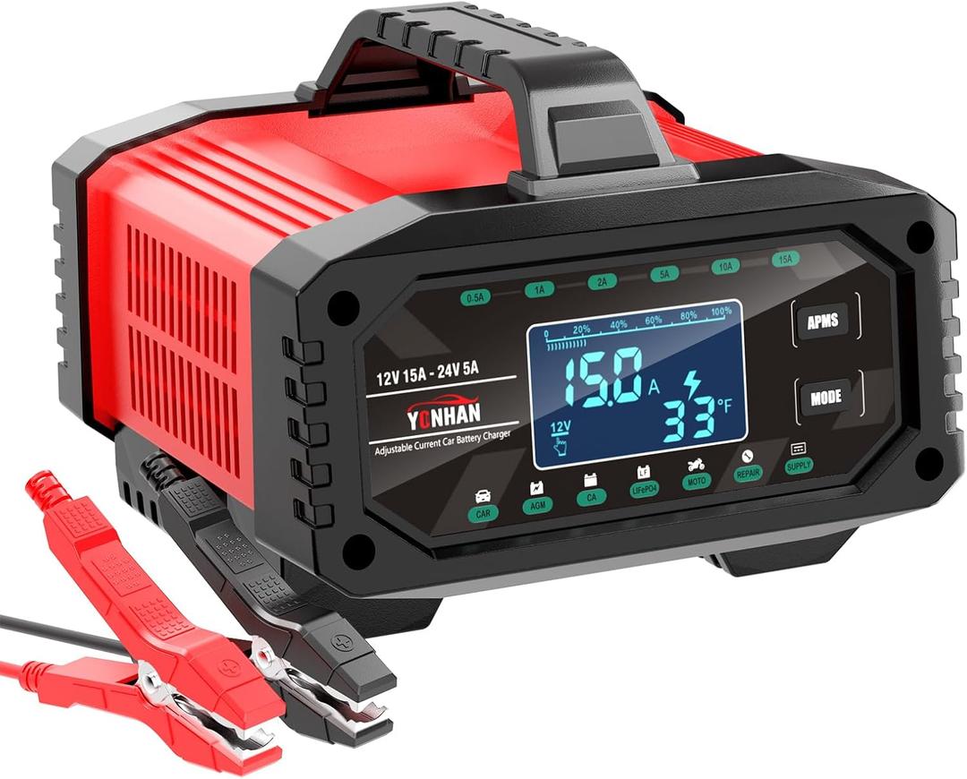 YONHAN 15A Battery Charger, 12V/24V LiFePO4 & Lead Acid Car Battery Charger, 9Stage Trickle Charger with Temp Compensation, Automotive Battery Maintainer for Car Truck Motorcycle Lawn Mower Boat(Red)