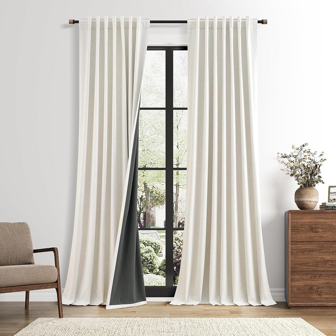 Nanspring White Extra Long 100% Blackout Linen Curtains 108 Inch Length Black Out Room Darkening Back Tab Window Textured Luxury Floor to Ceiling Drapes for Bedroom Living Room 2 Panels 52 x 108