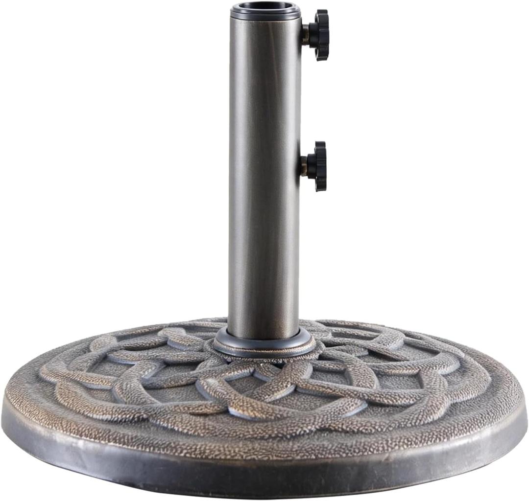 NEWBULIG Patio Umbrella Base, Heavy-Duty Resin Outdoor Umbrella Stand, Weather-Resistant Powder Coated Umbrella Holder for Garden/Backyard/Deck/Pool, 2 Securing Knobs & 2 Rod Adapters, Bronze