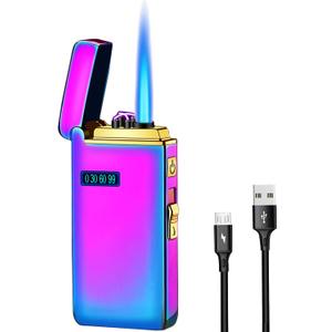 Arc Jet Flame Torch Lighter - 2 in 1 Electronic Refillable Butane, USB Rechargeable With Battery Indicator, Windproof Infinity Electric Plasma Cycle Charge (Ice Rainbow)