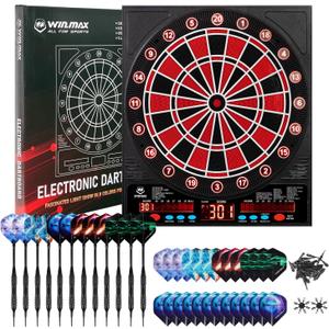 WIN.MAX Electronic Dartboard with LED Auto-Scoring, 12 Darts & 100 Soft Tips, 8-Player Mode, Power Adapter, Dart Board Electronic for Indoor/Outdoor Use