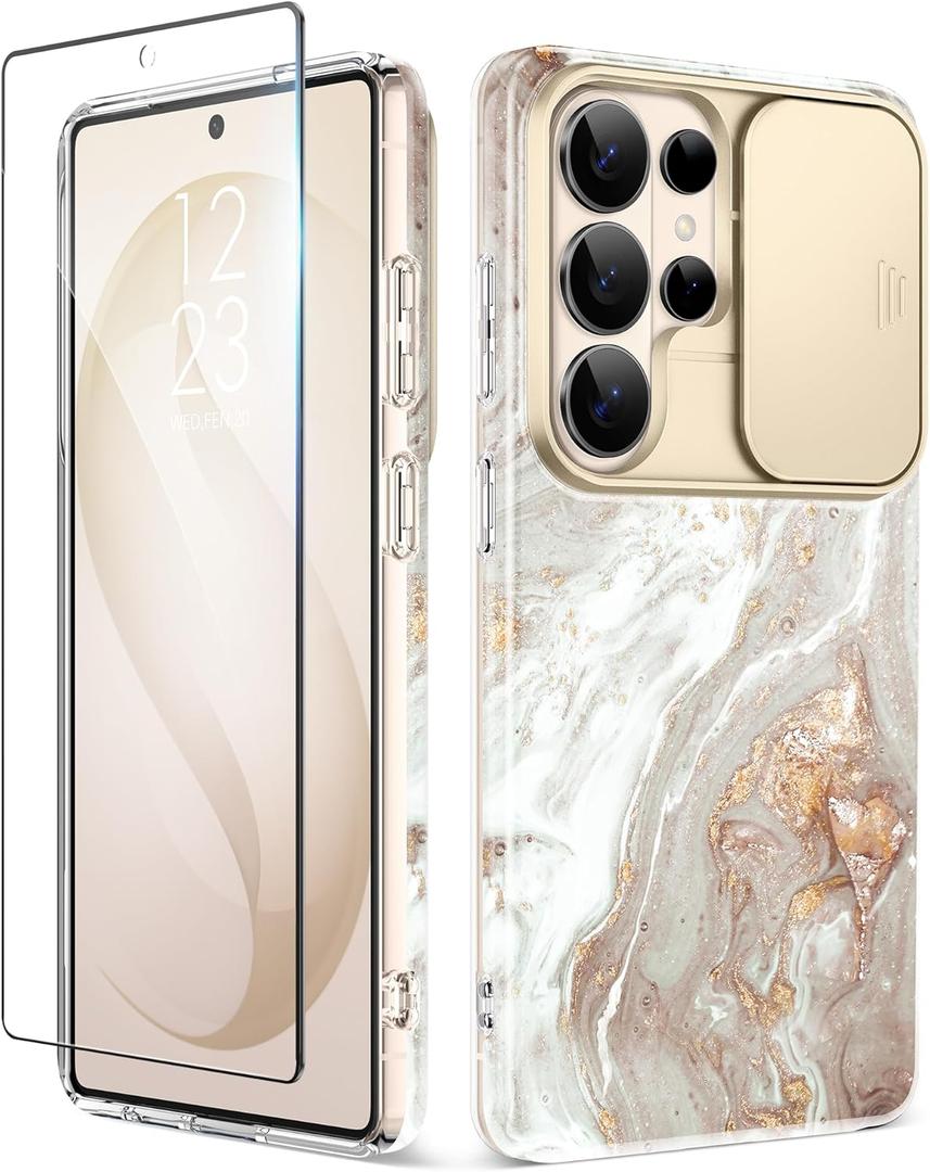 GVIEWIN for Samsung Galaxy S26 Ultra Case with Slide Camera Cover, [Screen Protector] [Shockproof Military Grade Drop Protection] Marble Slim Fit Hard PC Phone Cover S26 Ultra 6.9" 2026 (Pearlescent)