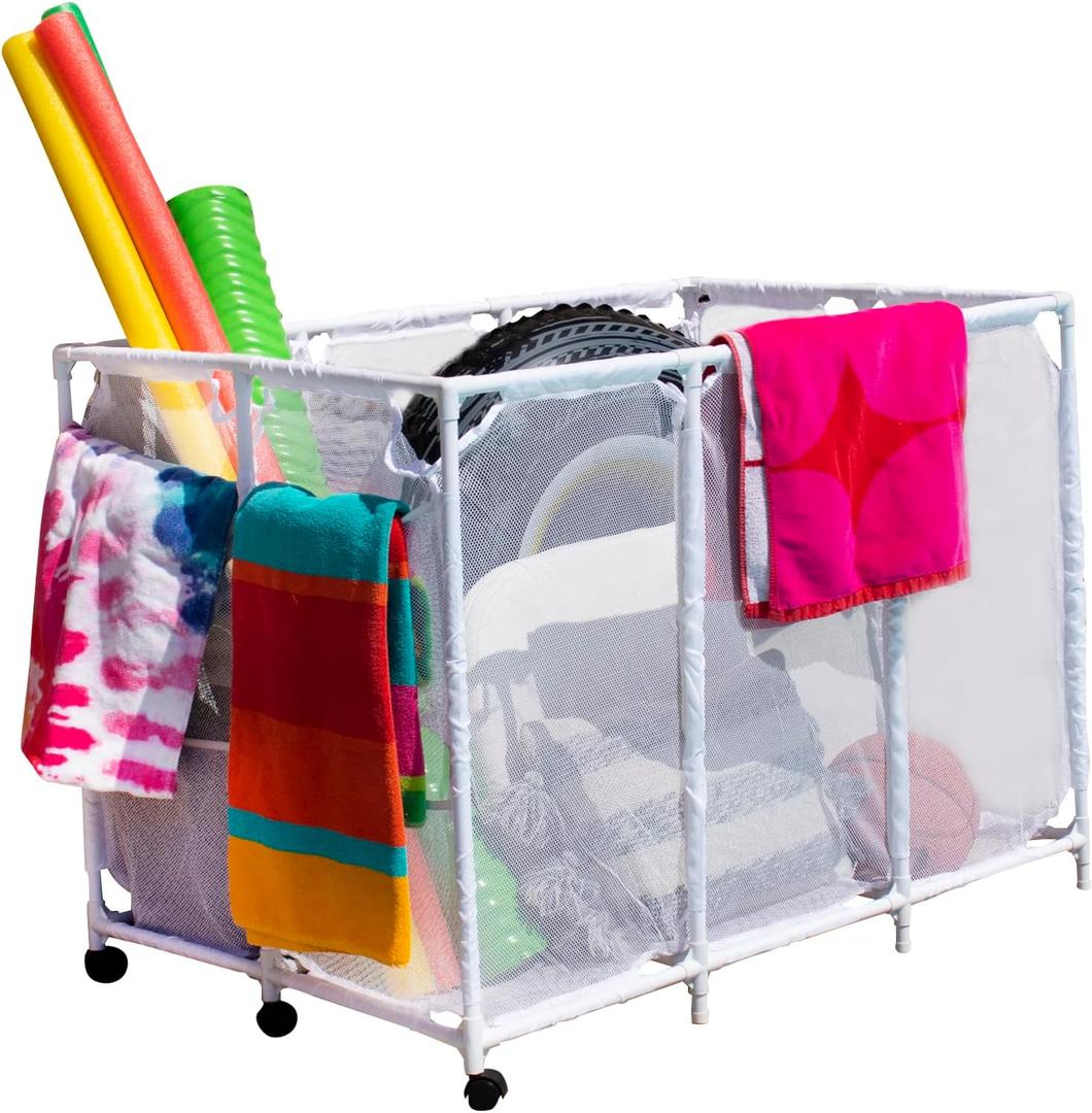 Pool Noodles Holder, Toys, Floats, Balls and Floats Equipment Mesh Rolling Storage Organizer Bin, Extra-Large, (47.2" W x 30.2" L x 34" H), White Style 455119