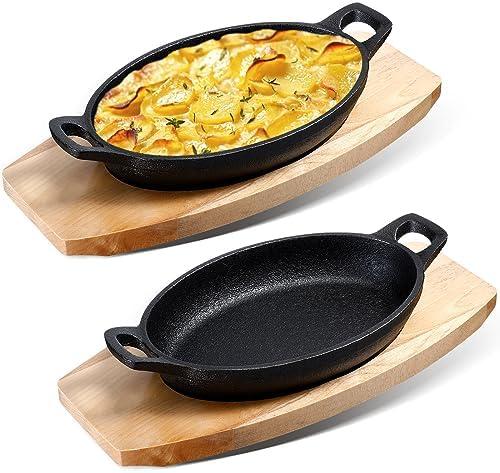 Mifoci 2 Sets Mini Cast Iron Skillet with Wooden Base - Fajita Plates, Baker's Skillet - Matte Black Small Cast Iron Pan for Kitchen, Restaurant, Barbecue Dinner (8.7 x 4.7 x 1.6 Inches)