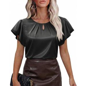 siliteelon Blouses for Women Business Casual Tops for Women Ruffle Short Sleeve Flowy Satin Silk Work Trendy Elegant Summer (Black, S)