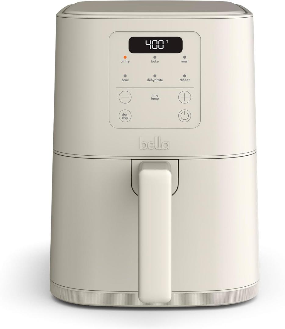 bella 4Qt Slim Air Fryer, Fits-anywhere Kitchenware, EverGood Ceramic Nonstick Coating, Adjustable Temperature, 6 Preset Cooking Options, 60 Min Auto Shutoff w Audible Tone, 3.3lb Capacity, Oatmilk (4 QT)