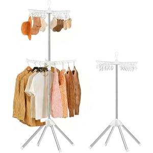 Foldable Clothes Drying Rack - 2 Tier Laundry Drying Rack, Portable Clothing Rack with Rotating Clothes Rail with 24 Clips and 3 Rotatable Arms, Suitable for Flats and Small Rooms