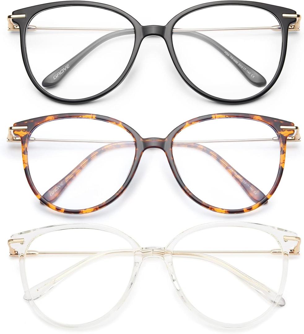 Gaoye Blue Light Blocking Glasses Women/Men, Fashion Cat Eye Fake Eyeglasses UV Ray Filter Computer Gaming Glasses (3 Pack, Black+Tea Leopard+Transparent)