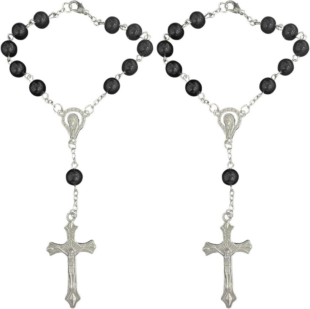 2PCS Rosary for Rearview Mirror, Black Rosary Pendant Car Interior Rear View Mirror Charm Auto Decor, Medal and Cross Personalized Hanging Accessories for Women Men