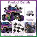 Pasimy 4 Pcs Monster Truck Birthday Banner Cars Truck Garland Black and White Checkered Flags Pennants Green Purple Happy Birthday Bunting Racing Car Theme Party Decorations Supplies