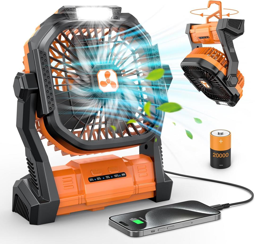 Portable Fan Rechargeable, Cordless Battery Powered Fan with LED Lantern, Small Table Fan, USB Battery Operated Fans for Travel Bedroom Home Camping Tent Office Beach Desk Picnic Barbecue Fishing (Orange)