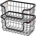 Amazon Basics Stackable Metal Wire Rectangular Storage Basket Set For Kitchen or Bathroom, 2 Count, Black