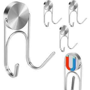 Magnetic Hooks 304 Stainless Steel Hooks Heavy Duty Magnets Hanging Hooks for Refrigerator Grill Toolbox Cabins Outdoor,Cruise Essentials Camper Accessories,4pack, Silver