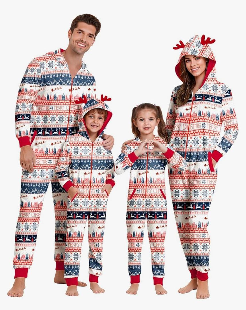 Christmas Family Pajamas Onesie Hooded Vacation Novelty Allover Pattern Sleepwear for Me Women Kids (Women M)