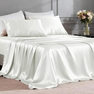 Satin Sheets Twin Size Bed Set - 3 Piece Luxury Soft Silky Twin Bed Sheets, Similar to Silk Sheet Set with 1 Deep Pocket Fitted Sheet, 1 Flat Sheet & 1 Pillowcase (Ivory White)