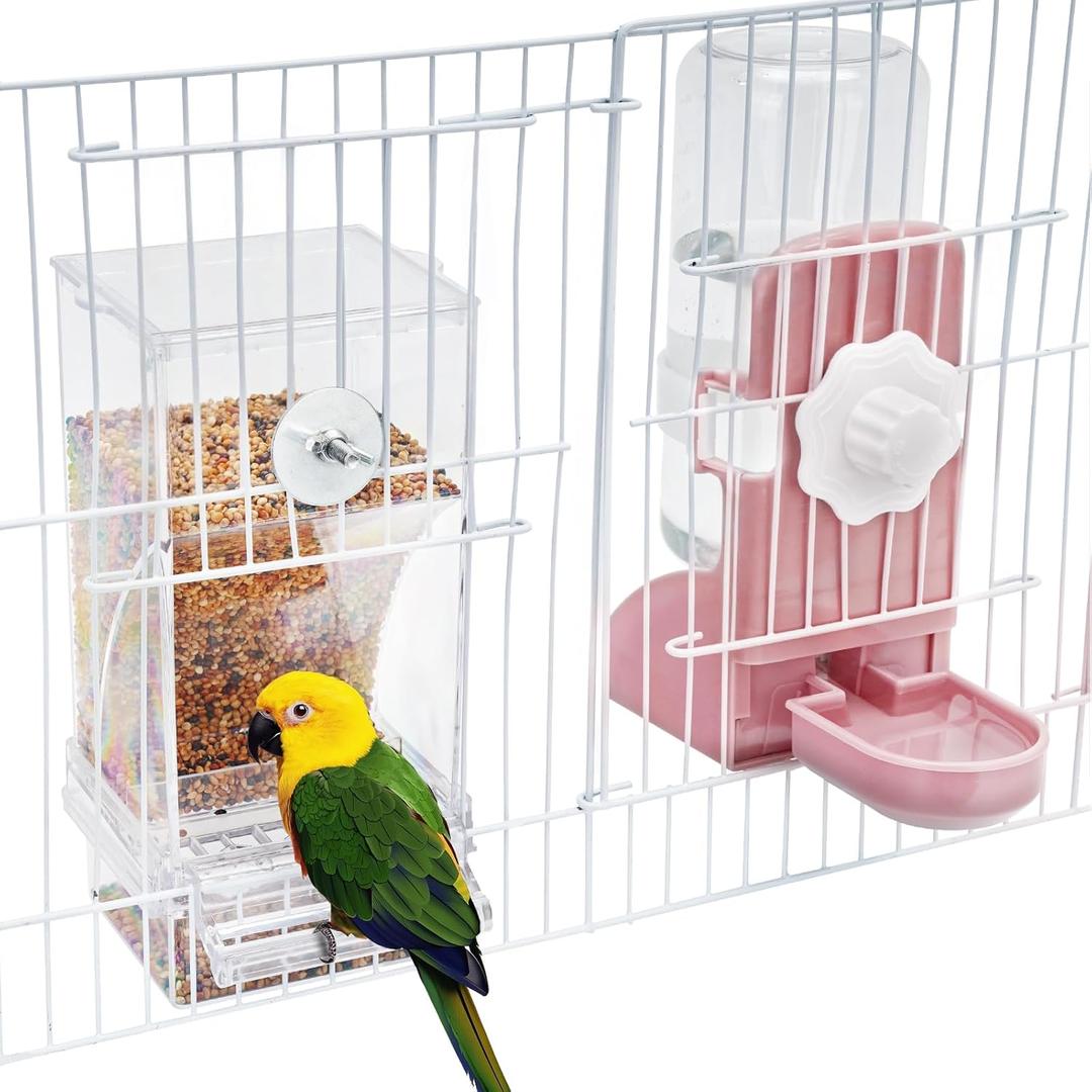 No Mess Bird Feeder Water Dispenser Set, Parakeet Cage Accessories, Bird Feeder and Waterers in Cage for Cockatiels, Finches, Lovebirds, Budgies, Canaries (pink)