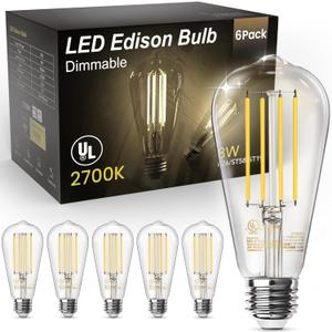 TJOY Edison Light Bulbs 60W Equivalent, Dimmable Vintage LED Light Bulbs, E26 Medium Base, Warm White 2700K, ST58, 8W, 800LM, 80+ CRI, Antique Decorative Filament LED Bulb, Clear Glass, 6 Pack (2700k Warm White)