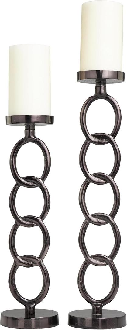 Deco 79 Aluminum Metal Geometric Decorative Candle Holder Chain Link Candle Stand, Set of 2 Candlestick Holder 23", 19" H, Dark Gray