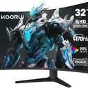 KOORUI 32" Curved Gaming Monitor - QHD (2560 x 1440) 2K Display, 170Hz 144Hz Monitor, 1500R Curvature, 1ms, HDR10, Adaptive Sync, Tilt Adjustable, DisplayPort HDMI, Black - 32E6QC