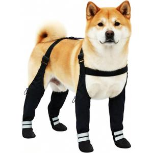 Dog Suspender Boots for Large Dogs Waterproof & Non-Slip Dog Paw Protectors with Adjustable Straps & Reflective Strips, All-in-One Connected Dog Boots for Outdoor Walks, Snow, Rain, Hiking, Black (L)