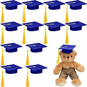 Foilswirl 12 Pcs Mini Graduation Cap with Tassel Mini Plush Mason Jar Small Animal Bachelor Hat Photo Prop Party Supply(Blue Gold,4.33 x 4.33 Inch)