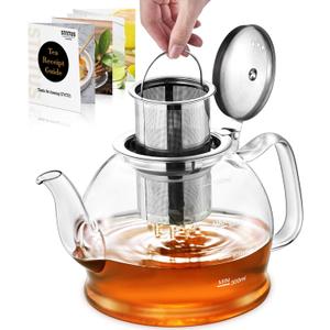 STNTUS Glass Teapot, 40 oz. / 1200 ml for Loose Tea, With Infuser and Stainless Steel Strainer, Stovetop Safe, 4-6 Cups