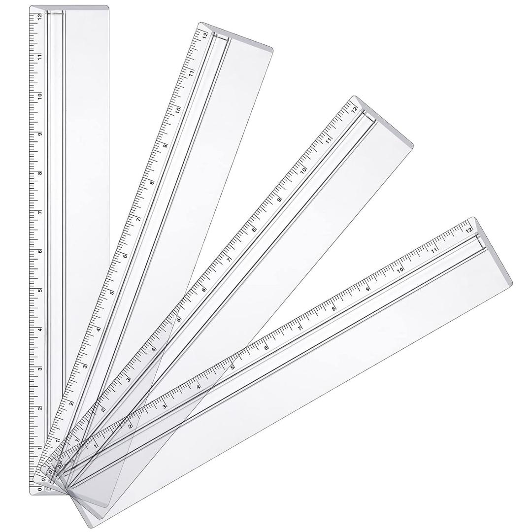 Chinco 4 Pieces Magnifying Ruler Clear Data Processing Magnification Plastic Transparent Accounting Drafting Tools Kits Construction for Reading Drawing (12 Inch)