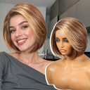 KOME Brown mix Blonde Highlight Synthetic Lace Front Wig,Side Part Short Straight Glueless Bob Wig for White Women Daily Use 10IN (#TT4/243)