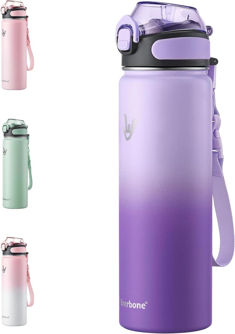 Enerbone Insulated Water Bottle, 24 oz Stainless Steel Water Bottles with Carrying Strap, Double-Wall Vacuum Insulation Thermos, Leakproof Sports Bottle with Straw, Keep Drinks Hot or Cold for Hours (Lavender)