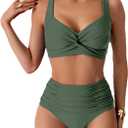 Fanuerg Women's High Waisted Bikini Sets Twist Front Two Piece Swimsuit Ruched Tummy Control Bathing Suits (Large, Army Green)