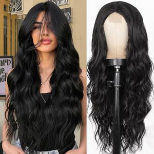 Black Wigs for Women, Long Wavy Wigs Middle Part Curly Wavy Wig Natural Looking Synthetic Heat Resistant Fiber Wig for Daily Party Use 26 Inch