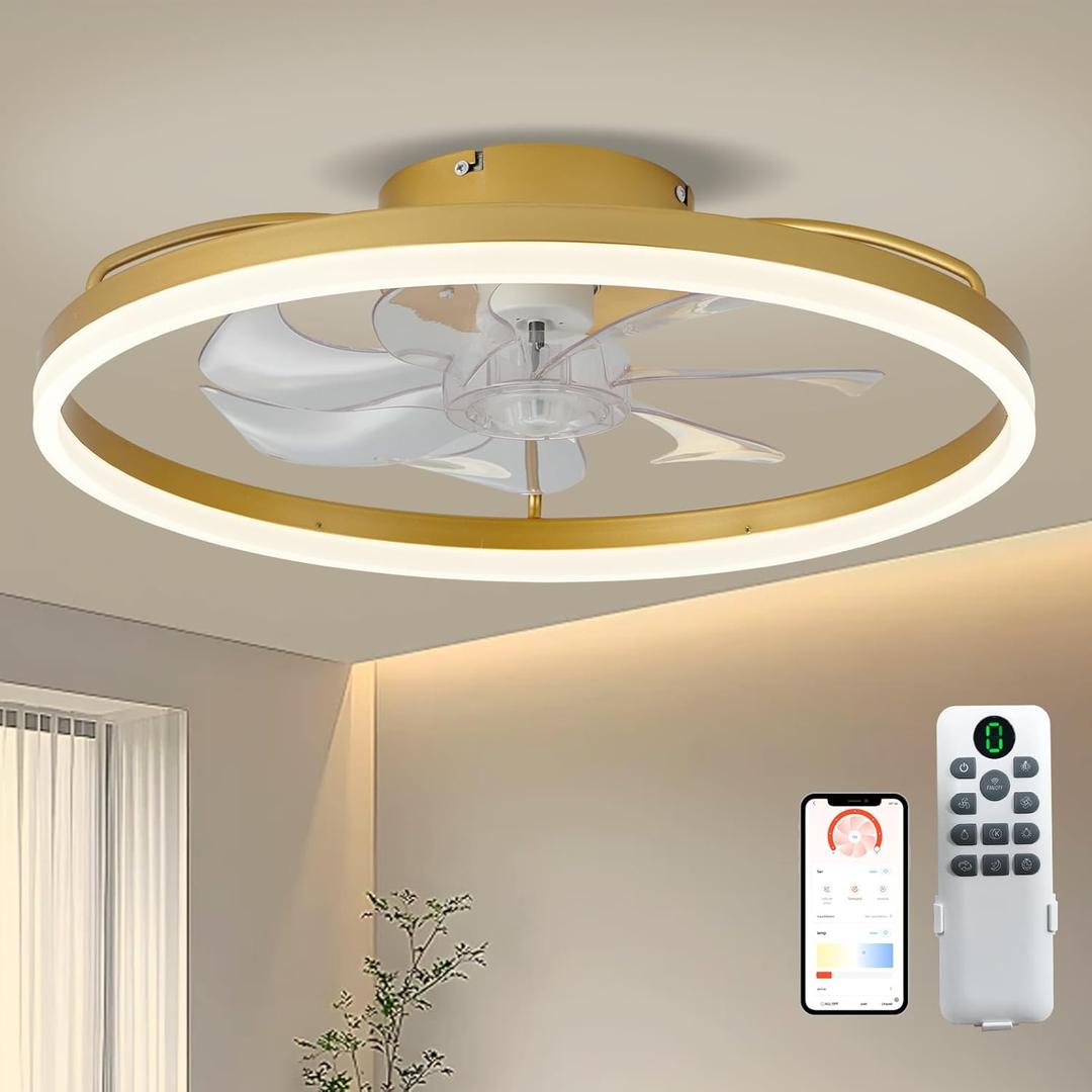 20" Ceiling Fan with Light and Remote, Low Profile Modern Ceiling Fan Gold, 6 Speed, Reversible, 3000k-6000k Dimmable LED, Quiet DC Motor for Indoor Outdoor Bedroom Living Room