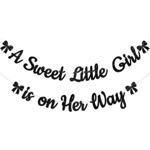 A Sweet Little Girl is on Her Way Banner - Black Bow Baby Shower Decorations, Bow Welcome Baby Party Bunting Sign, Sweet Baby Girl Gender Reveal Decorations Black Glitter