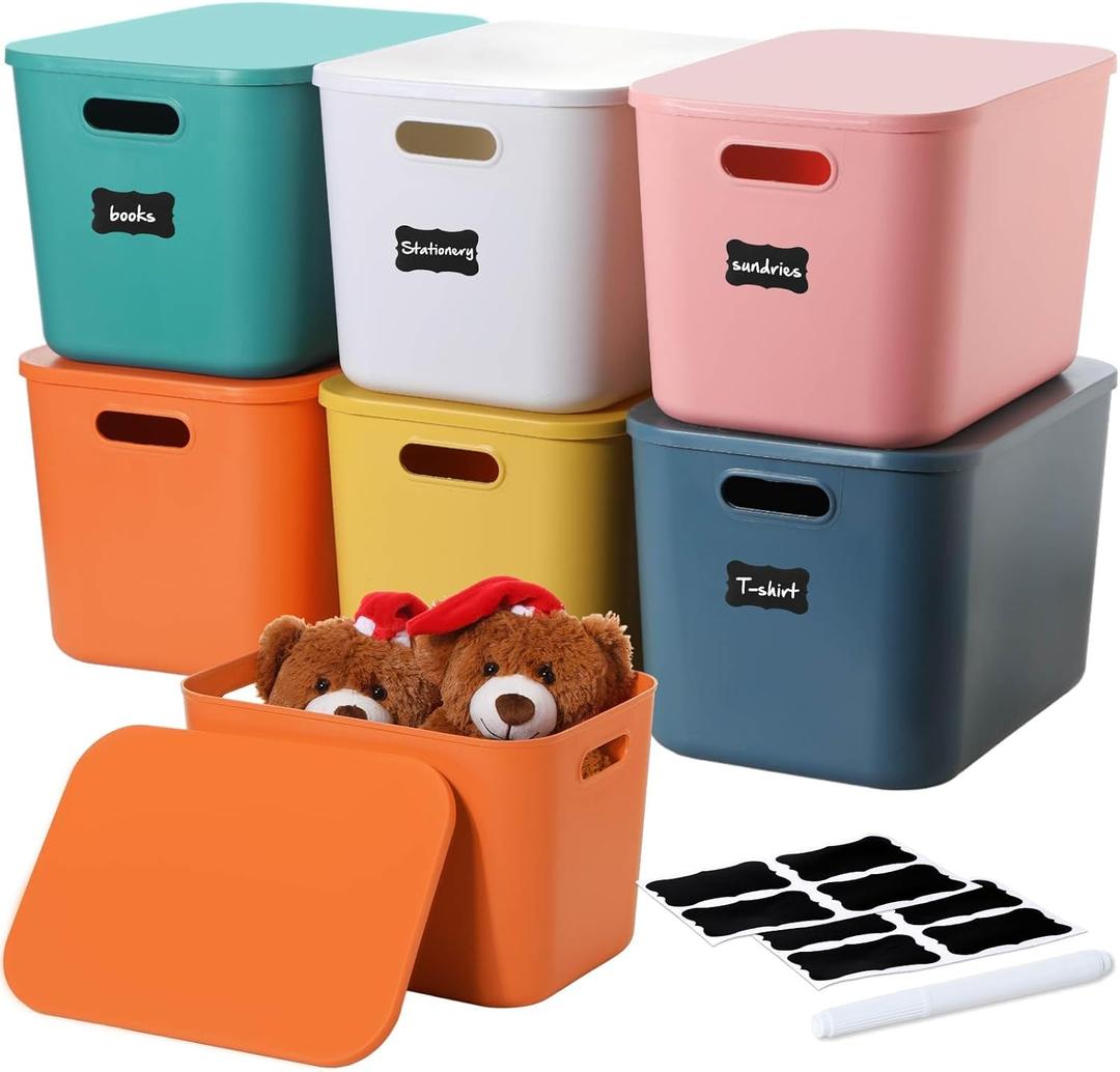 Thyle 6 Pcs 14 In Colorful Plastic Storage Bins 6 Colors Stackable Large Capacity Plastic Desktop Storage Box with Handles Lids, Labels and Marker for Office Classroom Cabinet(14 x 10 x 9 Inch)
