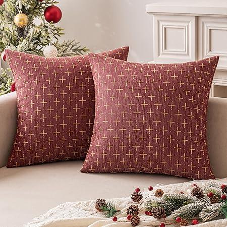 MIULEE Pack of 2 Christmas Decorative Burlap Linen Throw Pillow Covers Modern Farmhouse Pillowcase Rustic Woven Textured Cushion Cover for Sofa Couch Bed 20x20 Inches WineRed